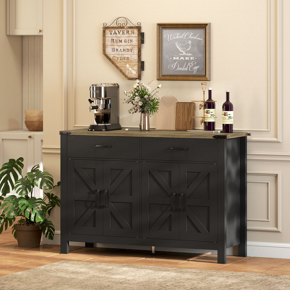 Farmhouse Kitchen Storage Buffet with 2 Drawers and Shelves, Black