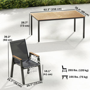 7-piece outdoor dining set, including a rectangular table and 6 mesh chairs with a slatted top