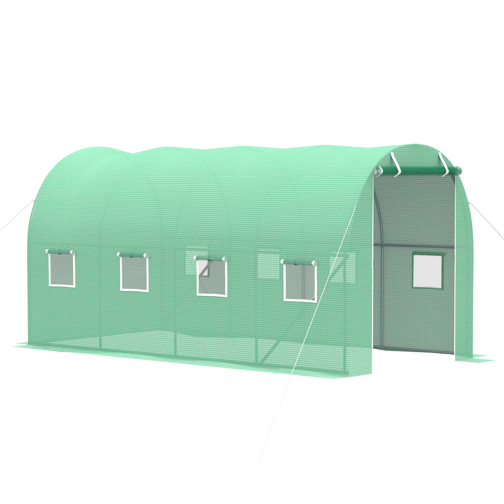 Tunnel greenhouse with zippered roll-up door and 8 screened windows, galvanized steel frame, green
