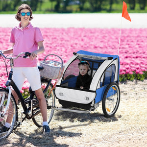 2-seater bicycle trailer with sturdy steel frame, 5-point safety harness, blue