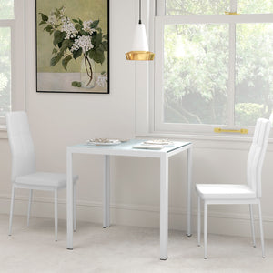 Glass Dining Table and Chair Set with Metal Frame and Faux Leather Upholstery, White
