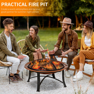 30" Round Outdoor Fire Pit with Lid, Log Grate and Poker for Backyard, Camping, Picnic, Bronze