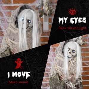 6ft Life Size Halloween Decoration, Witch Skeleton, Animated Prop with Light-Up Eyes and Scary Sound