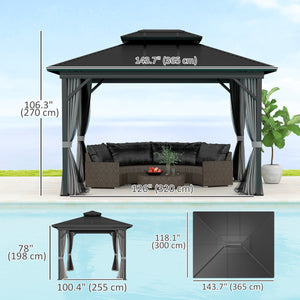 10' x 12' Two-Tier Metal Hardtop Gazebo with Mosquito Netting and Hanging Hook, Light Gray