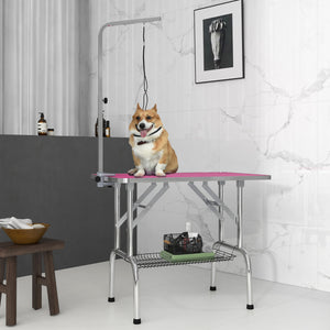 Foldable Grooming Table with Height Adjustable Grooming Arm and Storage Shelf, Pink