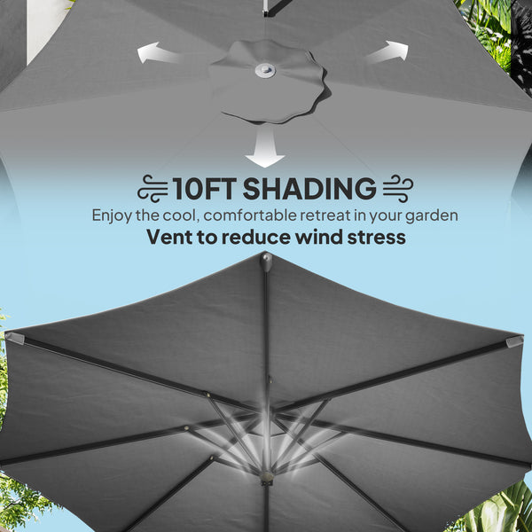 10-foot cantilever parasol with aluminum pole and adjustable tilt, grey