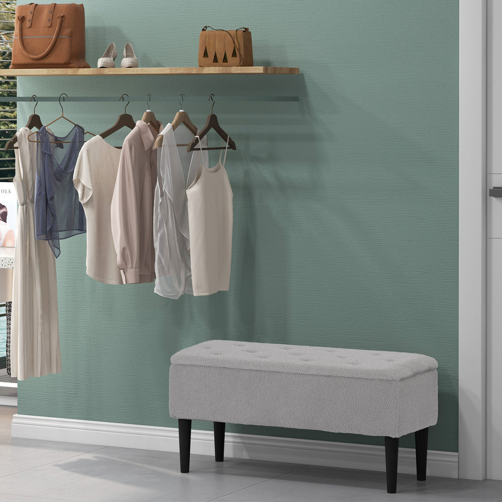 Modern storage bench with lambswool upholstery, grey