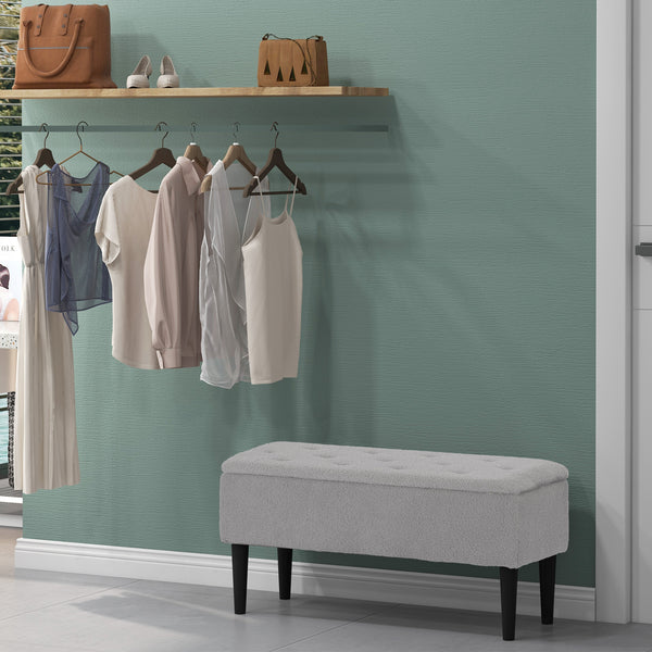 Modern storage bench with lambswool upholstery, grey