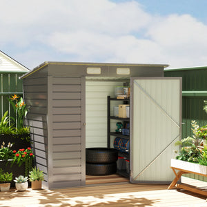 Galvanized metal garden shed with double doors and 2 vents, light grey