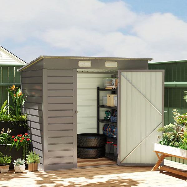 Galvanized metal garden shed with double doors and 2 vents, light grey