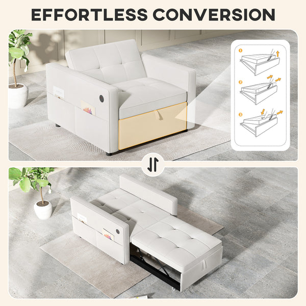 Sofa beds with USB port, adjustable backrest in velvet, cream white