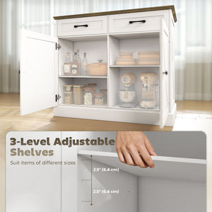 Kitchen Island with Seating, with 2 Drawers and 2 Adjustable Shelves for Dining Room, White