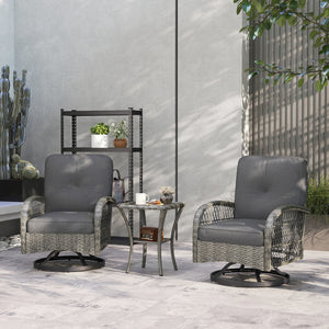 3 Piece Wicker Garden Set with 2 Rocking Swivel Chairs and Two-Tier Glass Coffee Table, Grey