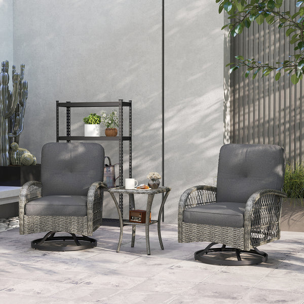 3 Piece Wicker Garden Set with 2 Rocking Swivel Chairs and Two-Tier Glass Coffee Table, Grey