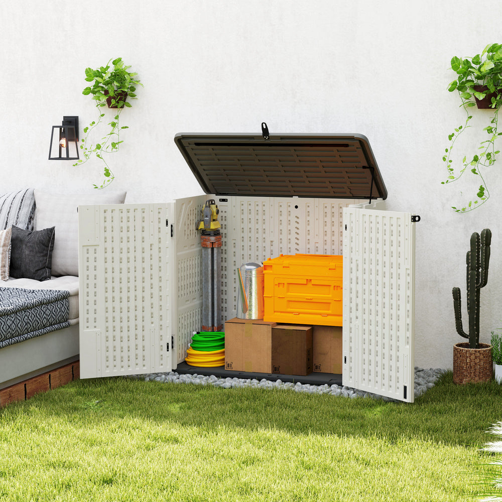 Outdoor storage cabinet with hinged lid and lockable doors