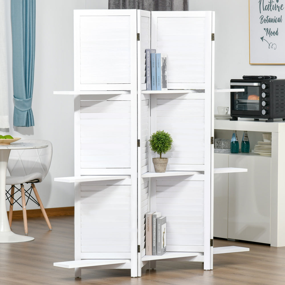 4-panel room divider with 3 storage shelves, white