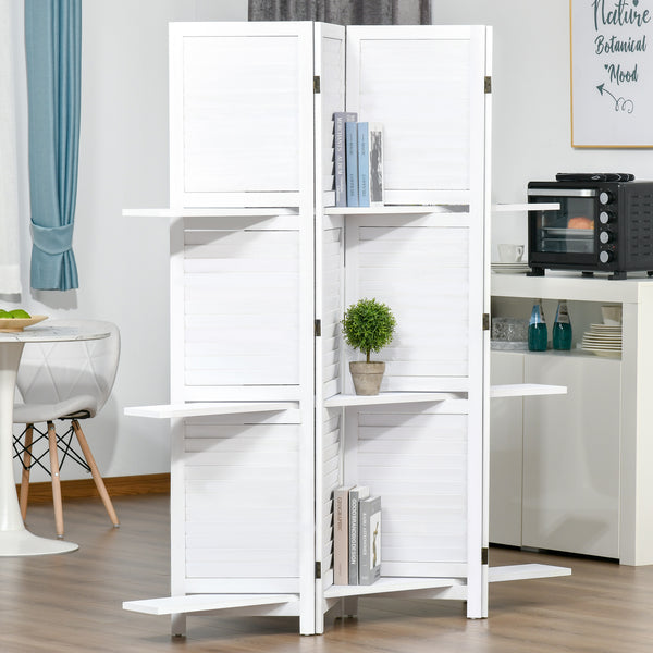 4-panel room divider with 3 storage shelves, white