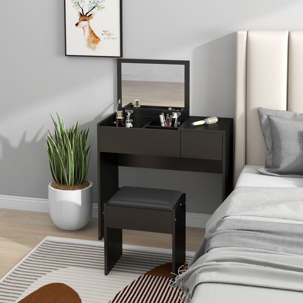 Modern dressing table with folding mirror and padded stool, black
