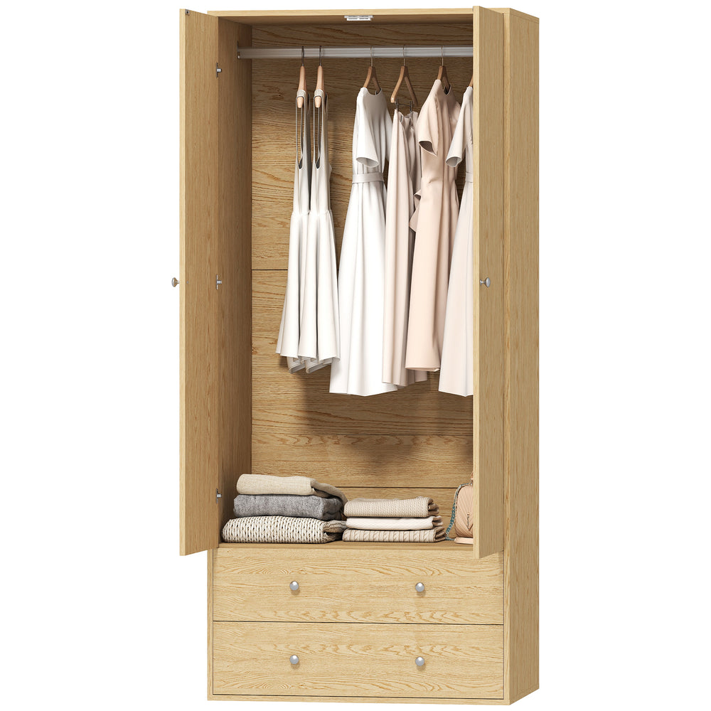 Modern wardrobe with 2 drawers and hanging rod, natural wood