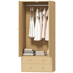 Modern wardrobe with 2 drawers and hanging rod, natural wood
