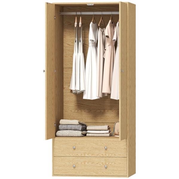 Modern wardrobe with 2 drawers and hanging rod, natural wood