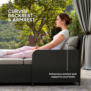 Outdoor rattan sun lounger with soft cushions, 4 pillows, curved backrest and armrests, light grey