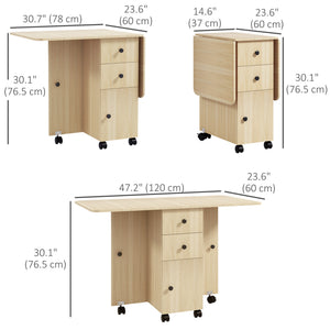 Drop Leaf Dining Table, Mobile Folding Table on Wheels with Drawers and Cabinet for Dining Room, Kitchen, Natural Wood