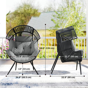 Wicker rattan egg chair with thick cushion and headrest, steel frame, adjustable cushions, grey