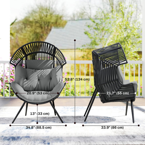Wicker rattan egg chair with thick cushion and headrest, steel frame, adjustable cushions, grey