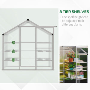 Outdoor polycarbonate greenhouse with 3-tier shelves, sliding door and aluminum frame