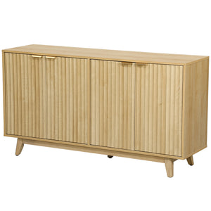 Fluted sideboard, 140 cm bar cabinet, 4 doors, 2 adjustable shelves, 5 wooden legs, natural wood