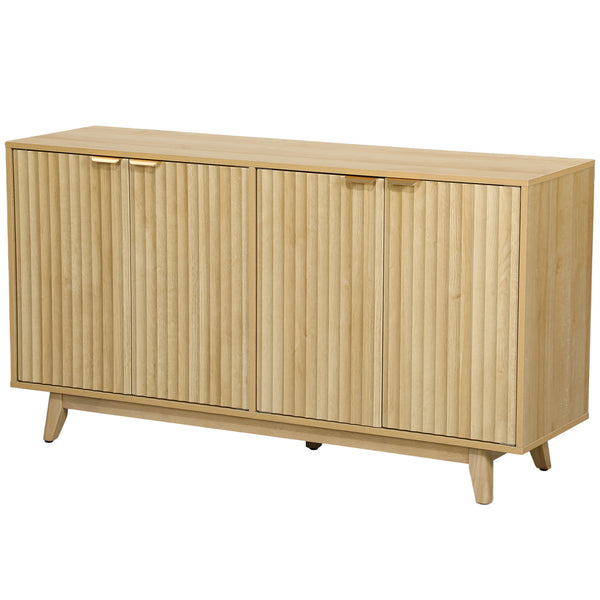 Fluted sideboard, 140 cm bar cabinet, 4 doors, 2 adjustable shelves, 5 wooden legs, natural wood