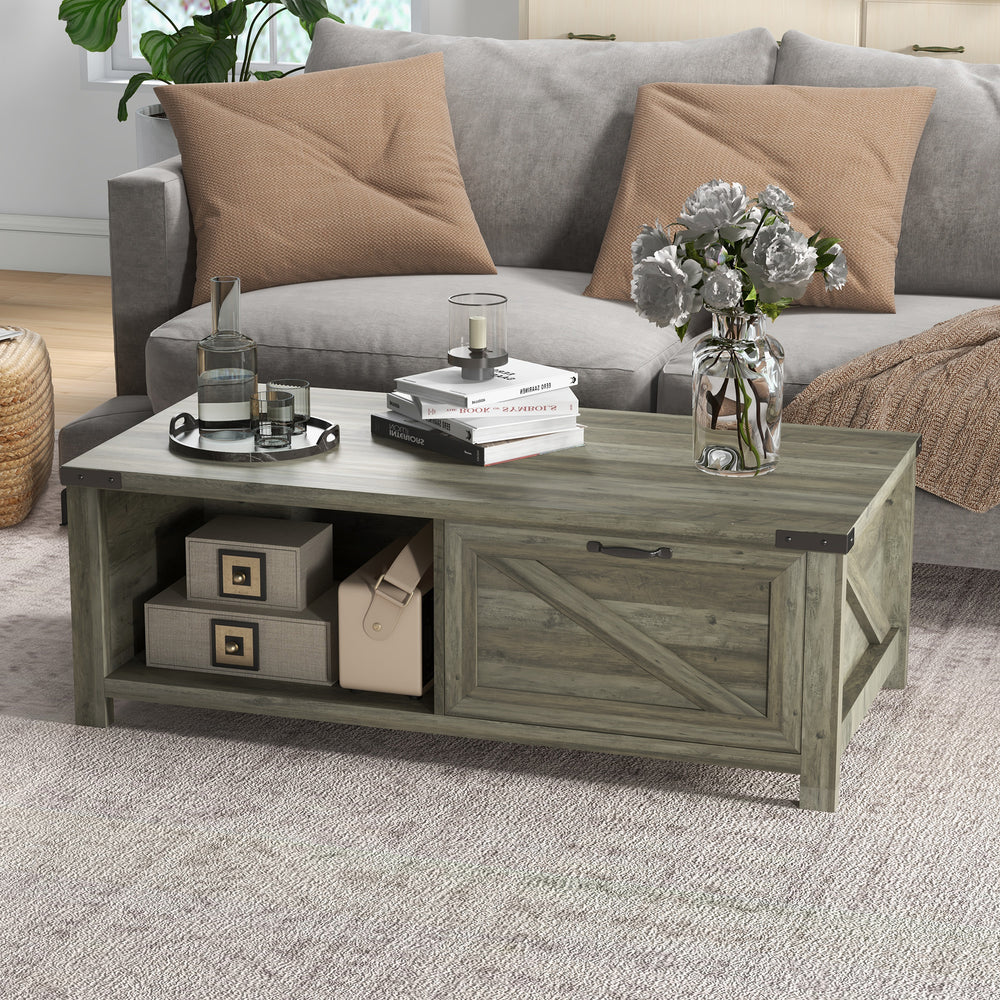 Rustic coffee table with drawer and storage shelf, gray