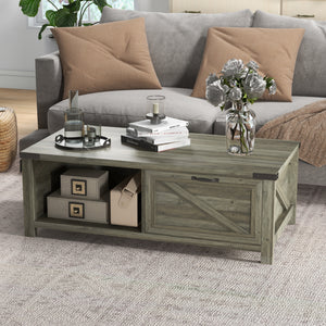 Rustic coffee table with drawer and storage shelf, gray