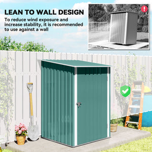 Lean-to garden shed in galvanized steel with lockable door, green