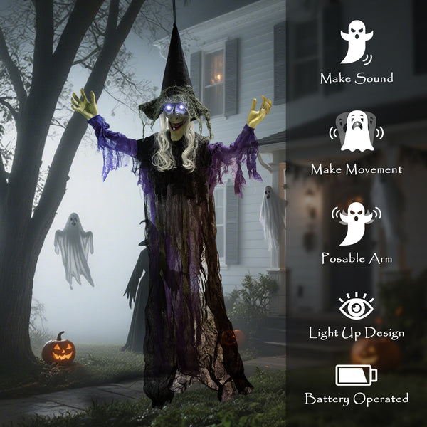 Life-size animated hanging witch for Halloween with light-up LED eyes,