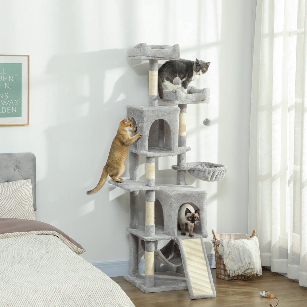 178cm Multi-Level Cat Tree with 2 Cabins, 2 Beds, Hammock, Play Balls, Light Grey