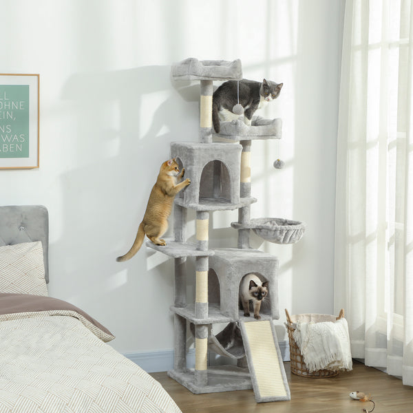 178cm Multi-Level Cat Tree with 2 Cabins, 2 Beds, Hammock, Play Balls, Light Grey