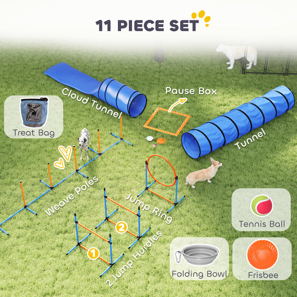 11-Piece Dog Agility Training Equipment Set, Pet Obstacle Course with 2 Tunnels, Adjustable Jumps, Orange Blue