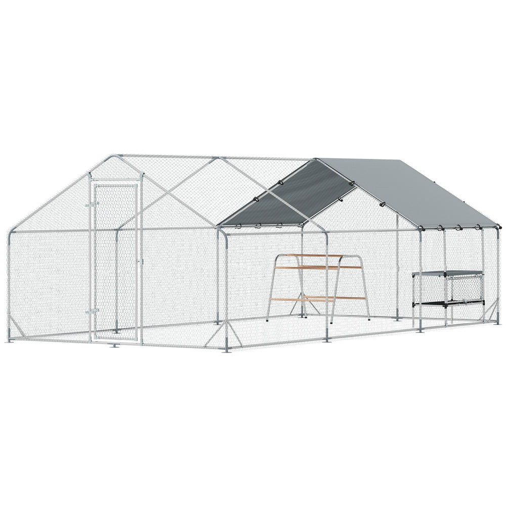Metal chicken coop with waterproof tarp, nesting box, and perches