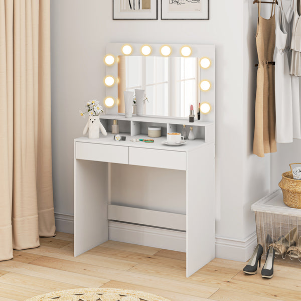 Dressing table with LED lighting, charging station and drawers, white 