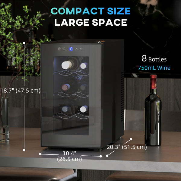 Quiet 8-bottle wine refrigerator with glass door and temperature control
