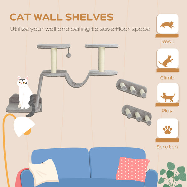 Wall-mounted cat shelves with scratching post, perches, steps and ladder, light grey