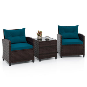 Ensemble de conversation de patio en rotin rembourré 3 pièces avec table basse - Peacock Blue