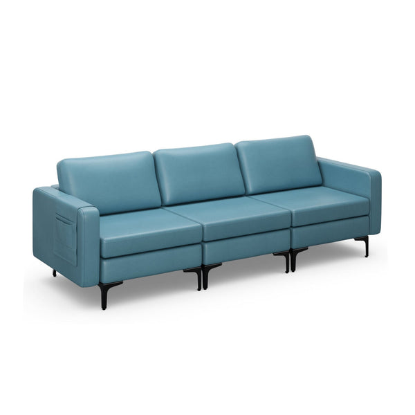 3-seater sectional sofa with magazine pocket armrest and metal legs - Blue