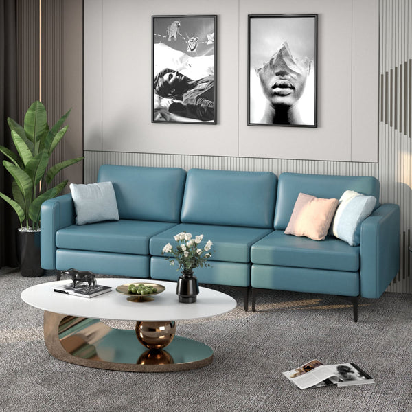 3-seater sectional sofa with magazine pocket armrest and metal legs - Blue