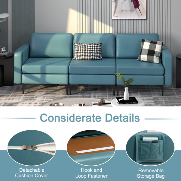 3-seater sectional sofa with magazine pocket armrest and metal legs - Blue