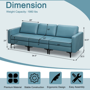 3-seater sectional sofa with magazine pocket armrest and metal legs - Blue