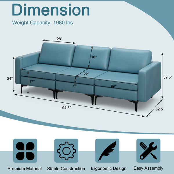 3-seater sectional sofa with magazine pocket armrest and metal legs - Blue