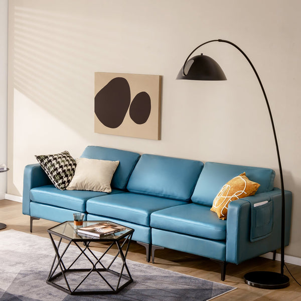 3-seater sectional sofa with magazine pocket armrest and metal legs - Blue